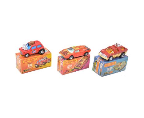 Matchbox Toys die-cast models, three Superfast/Streakers including 27 Lamborghini; 14 Mini Ha-Ha; 59 Planet Scout, all boxed.