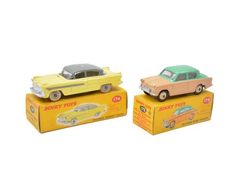 Dinky Toys die-cast model vehicles, two including model 175 Hillman Minx saloon, brown and green two-tone body; model 174 Hud