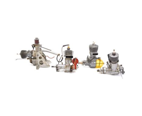 Four spark ignition aero model aircraft engines, including OK Super 60; Super Cyclone 10cc; Dennymite; and another