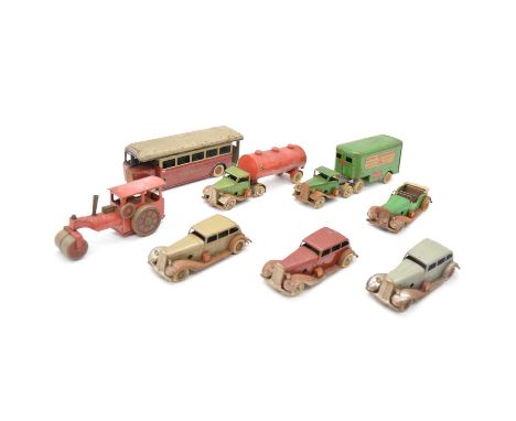 Tri-ang Minic tin-plate clock-work toys, eight including London Transport bus; Mini Transport lorry; Shell petrol tanker; roa