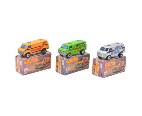 Matchbox Toys die-cast models, three 68 Chevrolet Vans, 'Vampire' silver body, orange body, 'Chevy' green body, all boxed.Qty