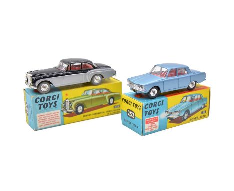 Corgi Toys die-cast model vehicles, two including model 252 Rover 2000, blue body, red interior, trans-o-lite headlights; mod