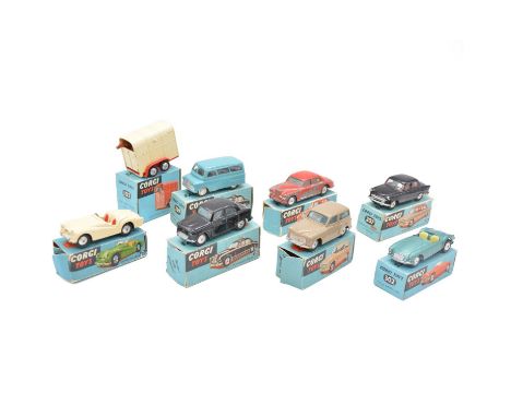 Corgi Toys die-cast model vehicles, eight including no. 102 Rice's pony trailer; no. 302 M.G.A sports car; no. 207 Standard V