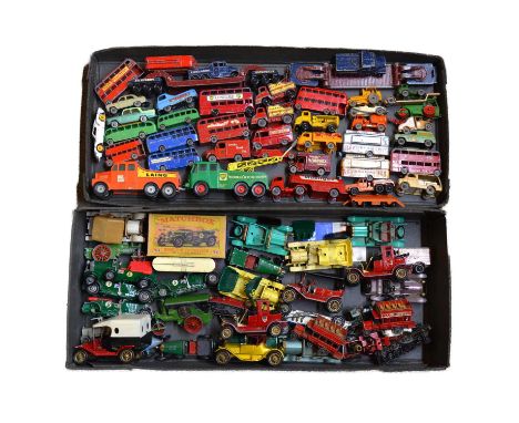Two trays of Matchbox die-cast model vehicles, including 1-75 series, Models of Yesteryear Bugatti type 36; 1929 Bentley 4.5L