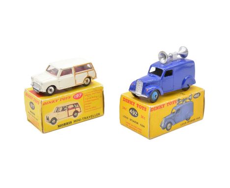 Dinky Toys die-cast models, two including 197 Morris Mini-Traveller; 492 Loud speaker van, both boxed.Qty: 2