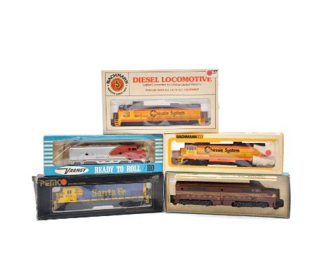 Five HO gauge model railway diesel electric locomotives, including Bachmann C&amp;O Bo-Bo 'Chessis System' locomotive no.4127