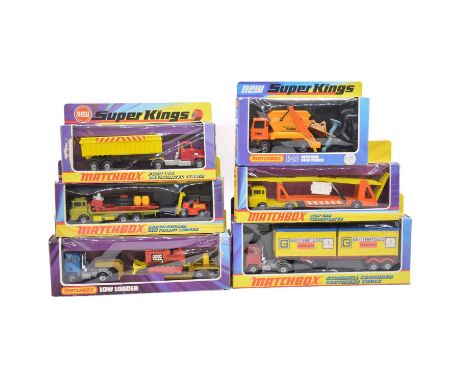 Matchbox SuperKings models, six including K-20 Cargo Hauler and pallet loader; K-17 Scammell container truck; K-23 low loader