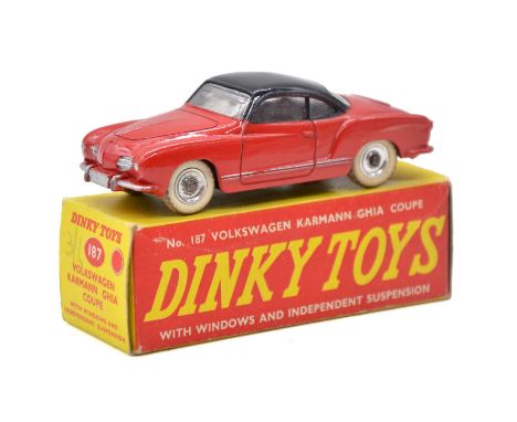 Dinky Toys model 187 Volkswagen Karmann Ghia Coupe, red body, black roof, boxed.Condition report:There are some very light ru