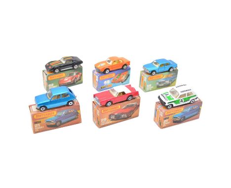 Matchbox Toys die-cast models, six Superfast including (2x) 21 Renault 5TL, blue and racing bodies; 45 BMW 30 CSL; 28 Lincoln