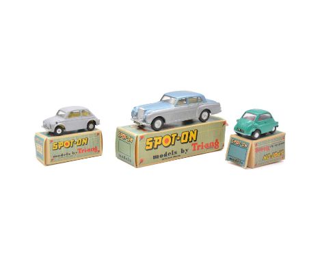 Tri-ang Spot-On die-cast model vehicles, three including B.M.W. Isetta, green body; no. 185 Fiat 500, grey body; no. 102 Bent