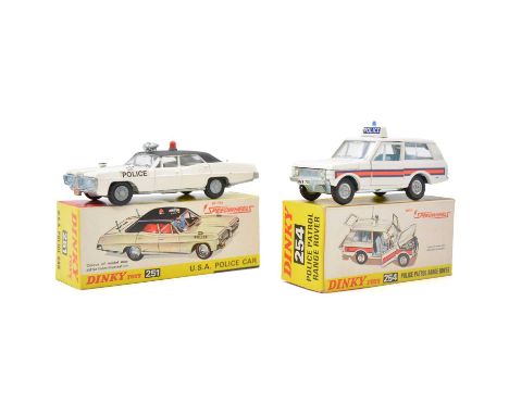 Dinky Toys diecast models, two including 251 USA Police car; 254 Police Patrol Range Rover, both boxed. Qty: 2