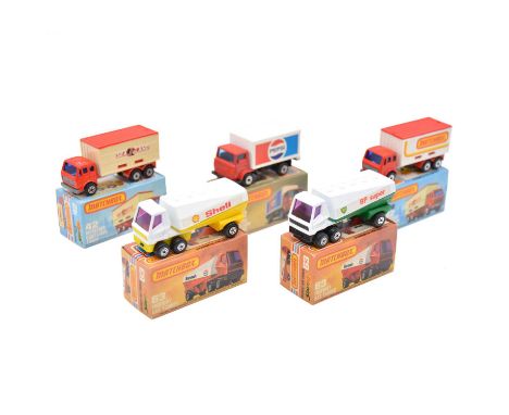 Matchbox Toys die-cast models, five Superfast including (x2) 63 Freeway gas tanker, 'BP Super' and 'Shell'; 72 Dodge Delivery