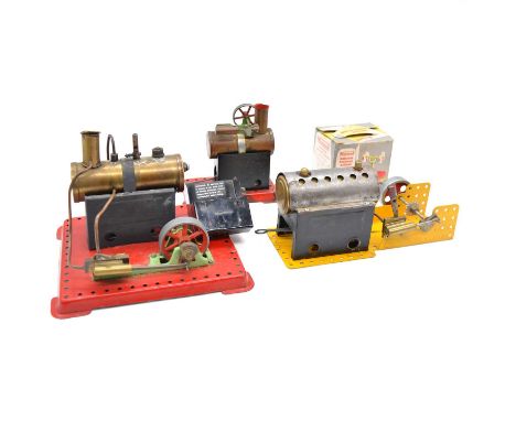 Three live steam stationary engines, including Mamod MM2; Mamod SE3; Meccano live steam engine; with Mamod miniature polishin