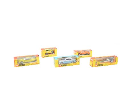 Corgi Toys die-cast models, five including Whizzwheels 284 Citroen Sm; 388 Mercedes-Benz CM; 162 Quartermaster Dragster; 164 