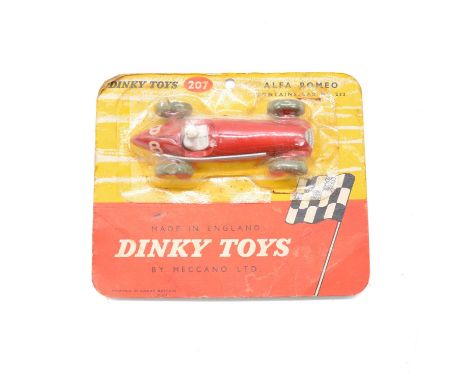 Dinky 207 Alfa Romeo racing car, red body, red hubs, no.8, with carded blister pack, (damage to bottom right window). Conditi