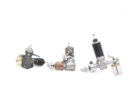 Three spark ignition aero model aircraft engines, including Arden 99, lever valve; a unknown engine marked 'M M', and another