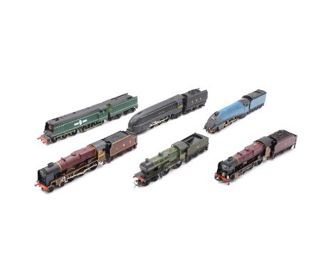 Six OO gauge model railway steam locomotives and tenders, including Hornby LNER 4-6-2 class A4 'Quicksilver', possible repain