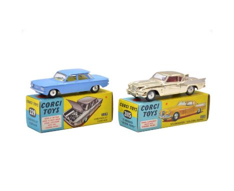 Corgi Toys die-cast model vehicles, two including model 211S Studebaker 'Golden Hawk', chrome body, red interior; model 229 C