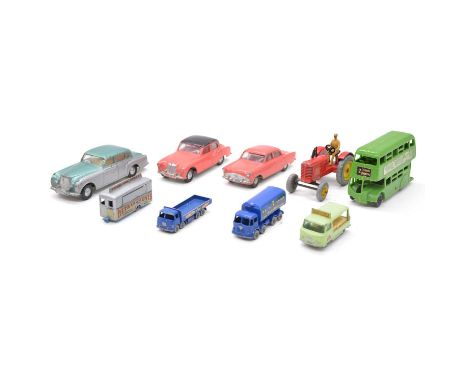 Nine die-cast model vehicles, including Dinky Toys Massey Harris tractor; Spot-on Armstrong Siddeley Sapphire; Spot-on Ford Z