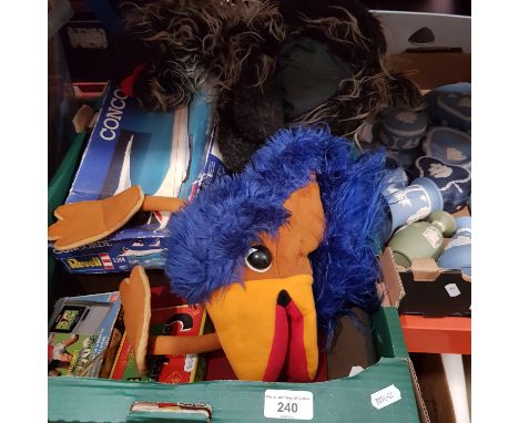 A mixed lot of toys and games including Emu soft toy, Totopoly board game, Spit the dog soft toy, Casio portable TV, Wembley 