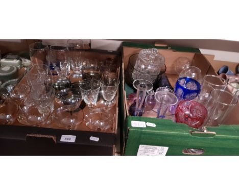 Two boxes of mixed glassware including bohemian cut glass, chapagne saucers, art glass mushroom, cut glass buscuit barrel, ar