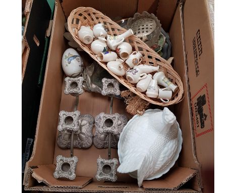 A mixed box containing silver plated candelabra, metalware, crested china, egg dish with chicken shaped lid