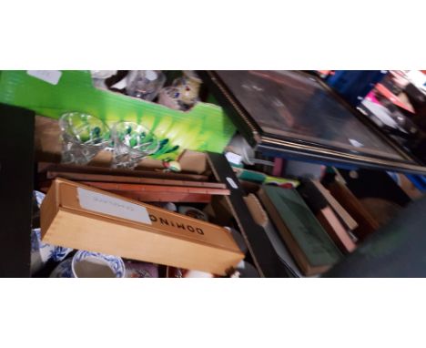 A mixed lot - 4 boxes including ceramics, cut crystal glasses, books, games, framed 18th century etching, etc.