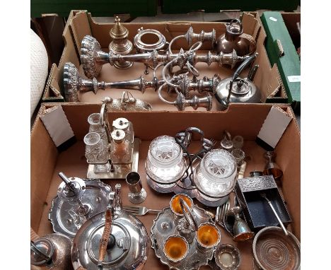 2 boxes of plated wares including candelabra, teapots, salt &amp; pepper set formed as birds in basket etc