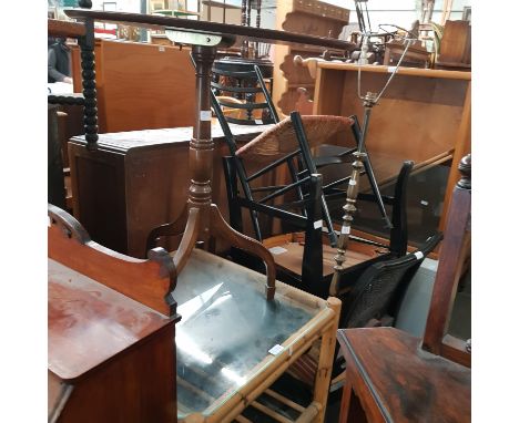 A mixed lot comprising bobbin turned corner chair, mahogany tripod table, ebonised & rush seat chair, cane and glass top coff