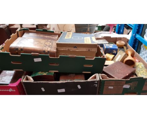 Four boxes of mostly treen boxes, some vintage tins, etc.