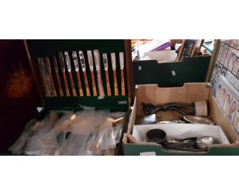 A canteen of Community plate cutlery and a box of metal ware including brass, silver plate, and more cutlery