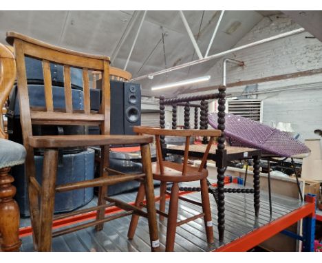 A mixed lot of chairs comprising chapel chair, child's chair, bobbin turned corner chair and a retro metal framed chair,