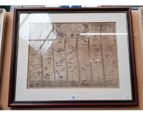 A framed John Ogilby map, the road from Chester to Holyhead, 64cm x 53cm (overall).