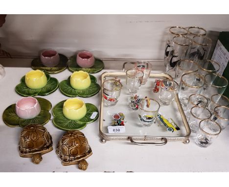Glasses on a tray and some Sylvac items 
