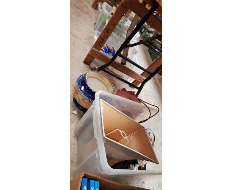 2 boxes of ceramics including blue and white, 2 boxes of glassware, a box of mixed items, and 2 ceramic planters