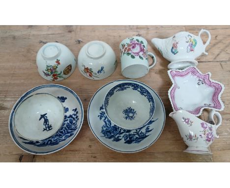 Assorted English 18th century porcelain comprising two blue and white tea bowls and saucers, two other tea bowls, a relief mo