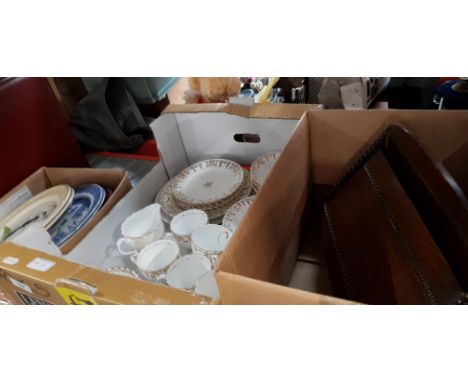 Two boxes of ceramics including tea ware, collectors plates by Royal Worcester Pallissy, and a box containing a wooden letter