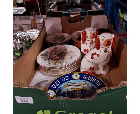 A mixed lot of ceramics including collectors plates, Staffordshire pottery dogs, hunting scene cups.