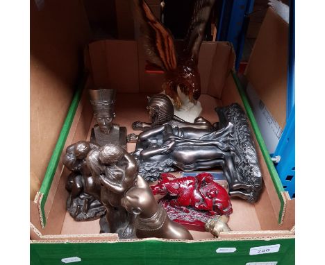 A box of collectables including bronze effect figures, Egyptian ornaments, West German ceramic eagle, brass bulldog, etc.