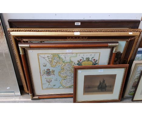 A mixed lot comprising 20th century oil on canvas signed 'Ann Celia', framed map of Lancashire, signed etching of sailboats a