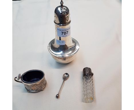 Silver sugar caster, silver mustard pot with blue glass liner and a silver topped small glass perfume bottle