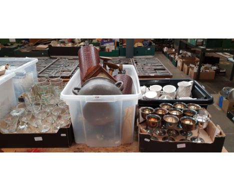 2 boxes of drinking glasses, a box of pewter ware, table lamp, mantle clock, a box of ceramics and a box of plated goblets