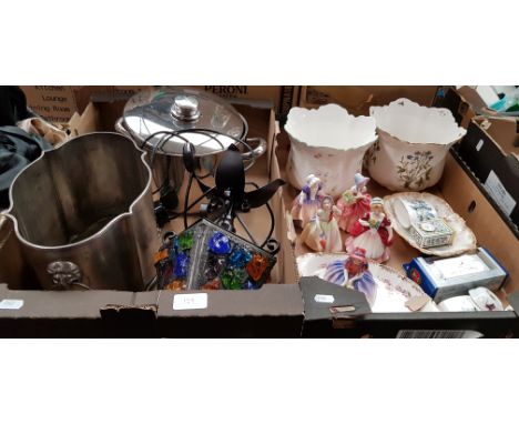 A box of ceramics including Royal Doulton figurines, and a box of metalware including stainless steel pan and a lamp
