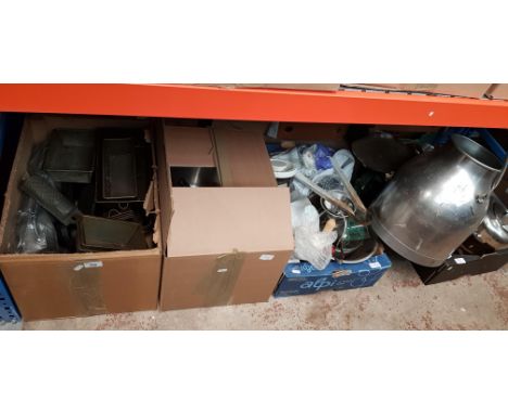Four boxes of mainly metal kitchen wares - pans, trays etc, including a milk churn