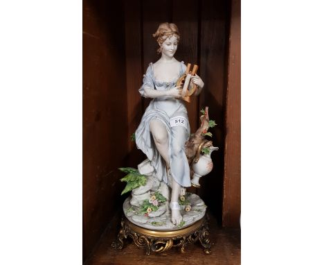 A continental ceramic figure of a woman seated playing a lyre, marked 'Benacchio' to base, height 39cm.Condition:- General we