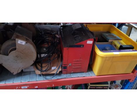 A mixed lot of tools and garage items including Felisatti bench grinder, battery charger, exhaust analyser, grinding wheels, 
