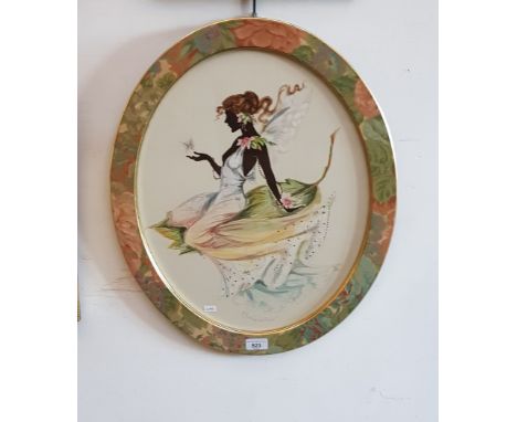 Christine Silver (1900-1973), oval watercolour and silhouette painting of a fairy, 38.5cm x 48.5cm, signed to lower centre, f