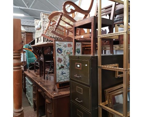 A  mixed lot of furniture comprising pair of painted bedside drawers, Lloyd Loom chair, oak table, rocking chairs, piano stoo
