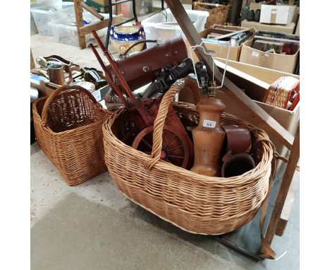 A box of mixed items including vintage Bob Martin's dog care kit, set of bowls marked Unsworth, 3 wicker baskets, tripod, lam