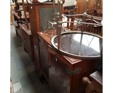 A mixed lot comprising teak cabinet sewing machine, Lloyd Loom linen basket, walnut gramophone cabinet &amp; speakers, brass 
